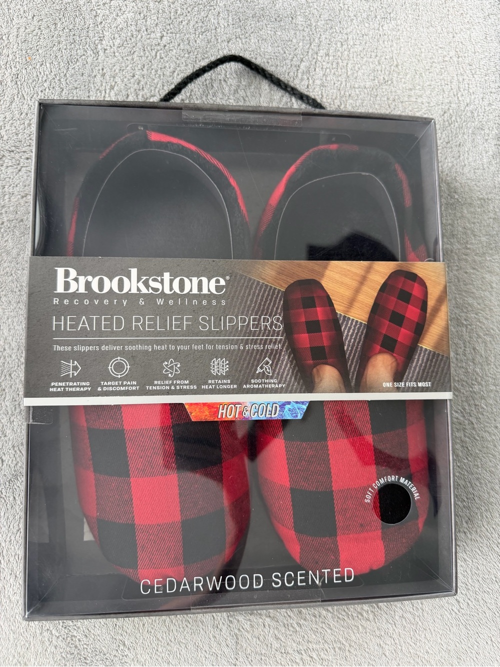 Brookstone Plaid Heated Relief Slippers - Red and Black
